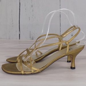 Stuart Weitzman Strappy Gold Kitten Heel Sandals